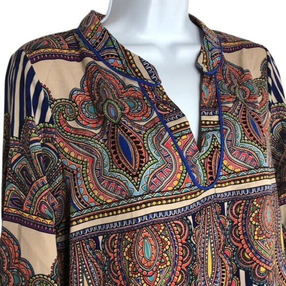 Lovemarks Mini Shirt Dress Multicolor Long Balloon Sleeve V Neck Pullover Size M - Picture 3 of 9